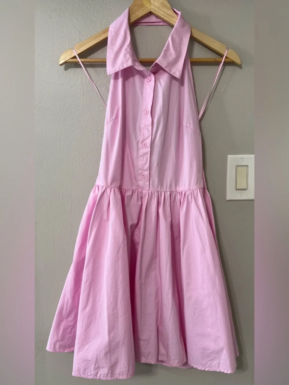 Hunter & Brown Pink Halter Fit Flare Dress Medium Cotton Open Back